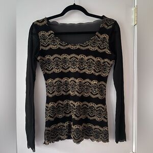 Elegant Black & Gold Lace Long-Sleeve Top